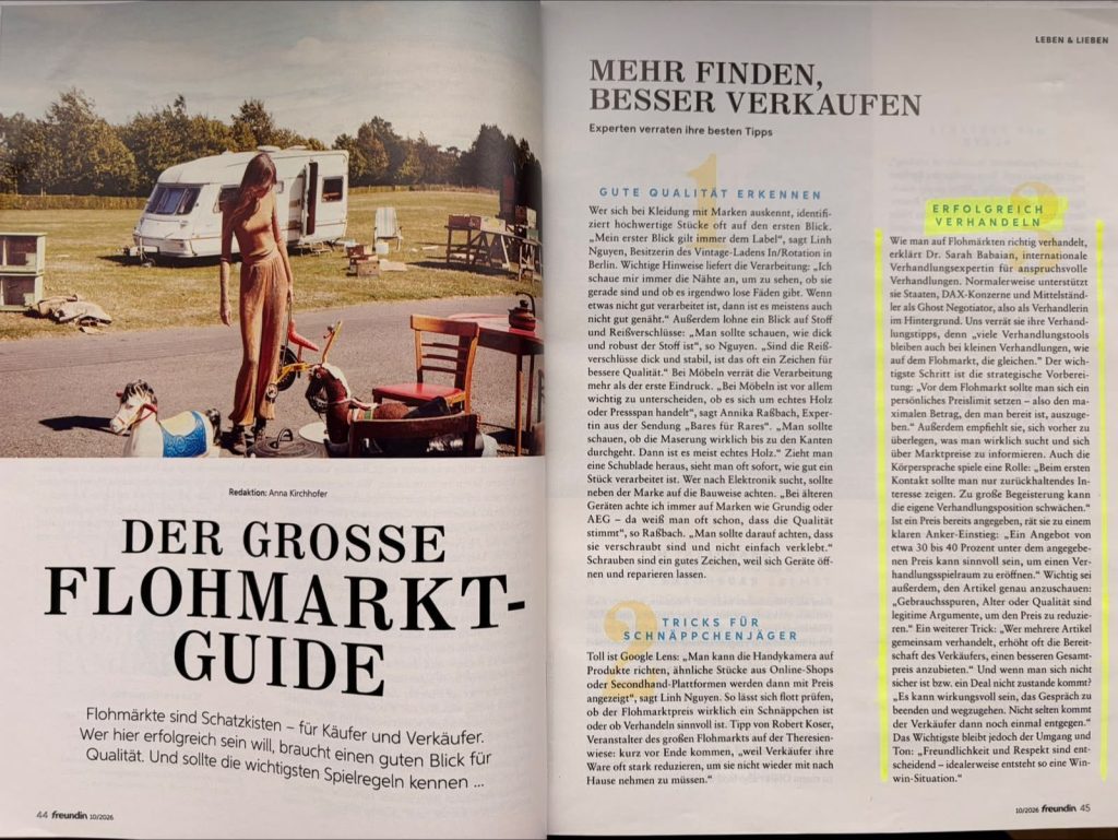 freundin Magazin – Der große Flohmarkt-Guide mit Tipps von Dr. Sarah Babaian